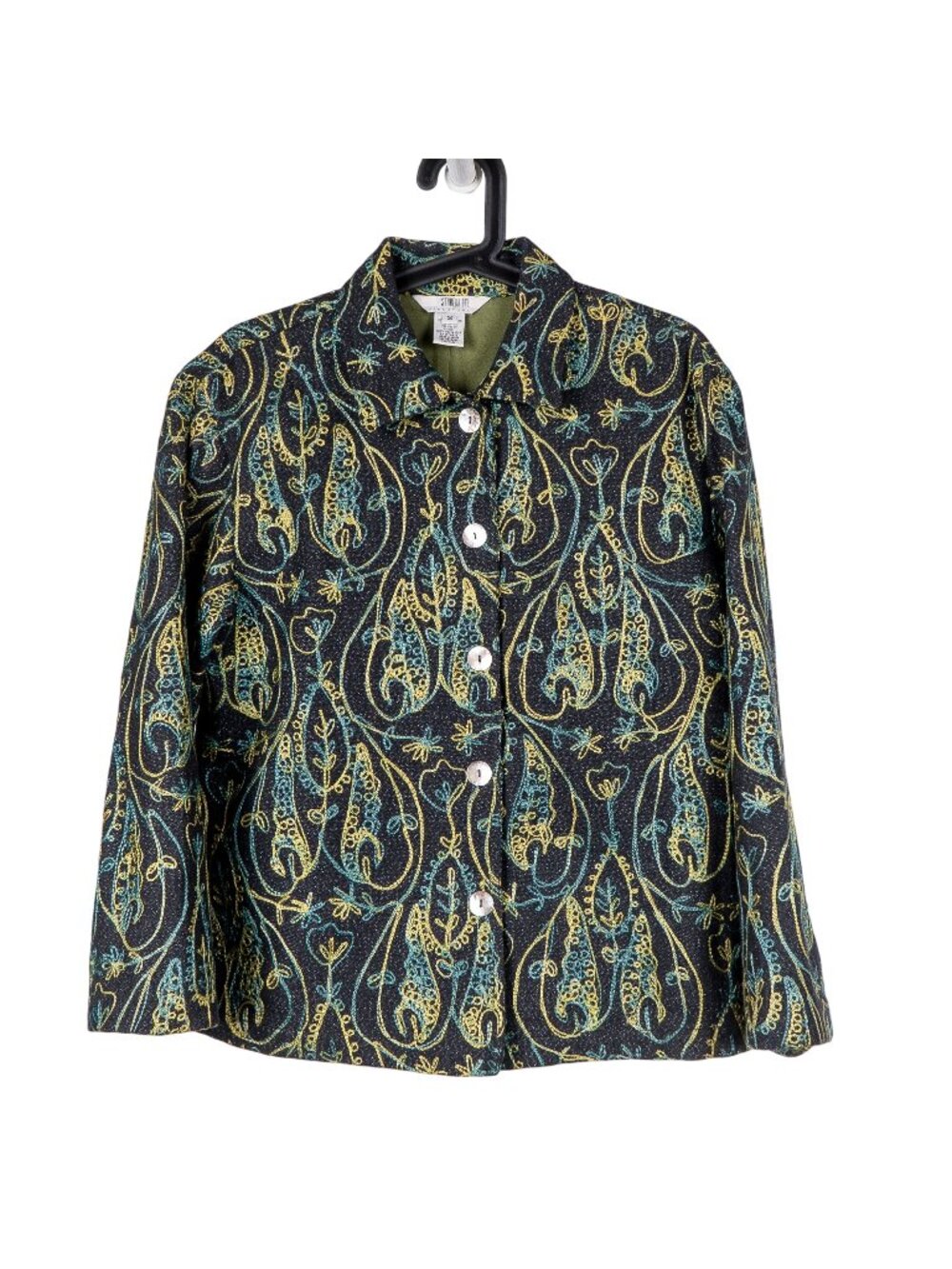 Art to Wear Boho Embroidered Jacket S Wool Blue Green Yellow Paisley Swirl Leaf - Picture 1 of 7